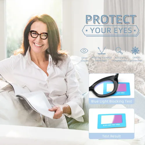 Vista 6 de Gafas de lectura de ojo de gato de gran tamaño para mujer, lentes de bloqueo de luz azul para computadora, estilo retro negro