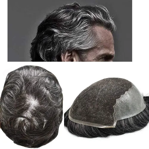 Vista 38 de Pieza de cabello para hombres suizo frente encaje frontal tupé europeo Remy sistema de reemplazo de cabello humano nudo blanqueado línea capilar