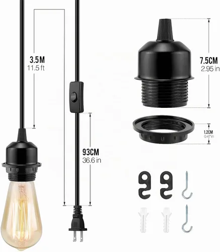Vista 7 de Kit de 3 Luces Colgantes con Enchufe, E26/E27 Luces Colgantes Vintage con Cable de Enchufe, Kit de Luz Colgante Retro, Cable de 12 Pies