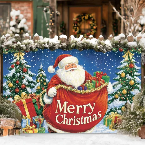 Vista 6 de HOMETITUTE Cartel de Feliz Navidad de Papá Noel de 71 x 43 pulgadas, telón de fondo navideño con bolsa de regalo y árbol de Navidad para interiores