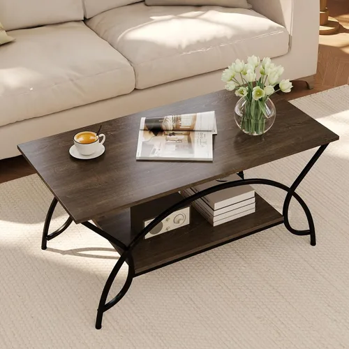 Vista 8 de GOFLAME Mesa auxiliar industrial, mesa central rectangular de 2 niveles con estante de almacenamiento, mesa decorativa con marco de metal arqueado