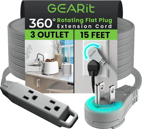 Vista 30 de GEARit Cable de extensión de enchufe plano giratorio de 360° de 3 pies, cable de alimentación de perfil bajo de 3 salidas, ahorro de espacio