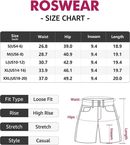 Vista 4 de roswear Pantalones cortos de mezclilla de cintura alta para mujer, estilo casual, dobladillo deshilachado, pantalones cortos largos, holgados