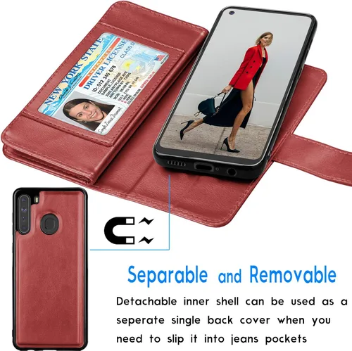 Vista 3 de Tekcoo Funda para Galaxy A21, [versión de EE. UU.] Funda tipo cartera para Galaxy A21, de piel sintética de lujo, ranuras para tarjetas de crédito