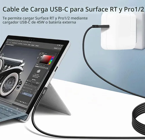 Vista 2 de Cable de carga USB C para Surface RT y Pro 1 2 (negro de 6 pies), funciona con cargador USB-C de 15 V/3A 45 W, compatible con Microsoft Surface 1512