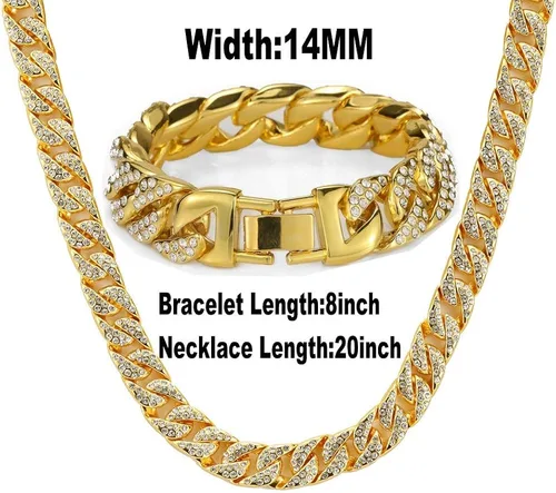 Vista 6 de Mens 12MM 14MM 20MM Chains 18K Gold Plated CZ Fully Iced-Out Miami Cuban Necklace Bracelet Set