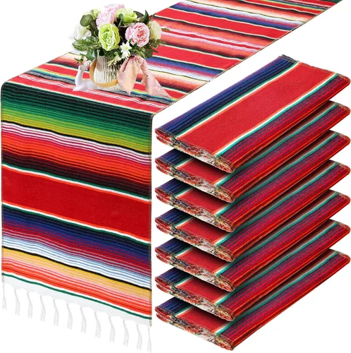Vista 14 de Tegeme 12 Piezas Caminos de Mesa Mexicanos 14 x 84 Pulgadas Camino de Mesa Mexicano Serape Manta Decorativa con Flecos de Algodón Decoración