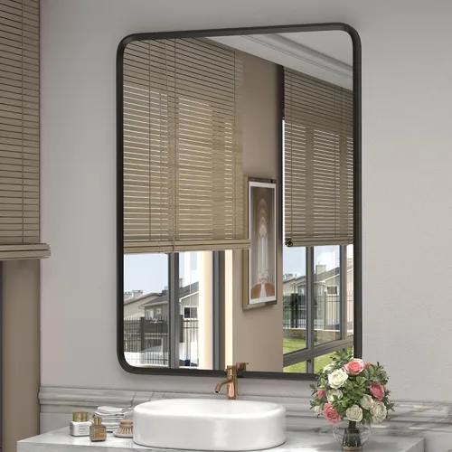 Vista 47 de Espejo rectangular con marco mate negro de 20x30 pulgadas para baño, espejo de tocador para pared de baño con esquinas redondeadas, antióxido y a