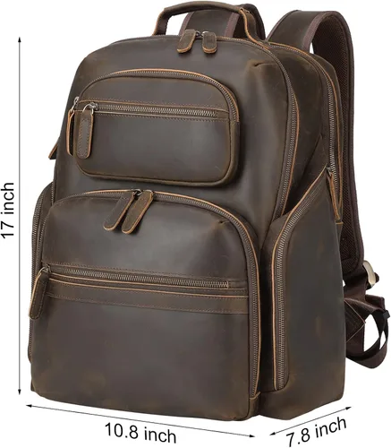 Vista 5 de TIDING Mochila para portátil de cuero vintage de 15.6 pulgadas para hombre, con múltiples bolsillos, mochila de viaje para negocios