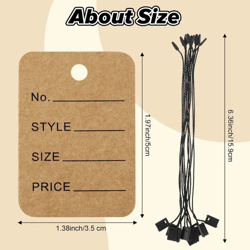 Vista 2 de Outus 500 etiquetas de precio con cuerda adjunta, etiqueta colgante marrón kraft de 1.4 x 2 pulgadas, etiqueta colgante de nailon para mostrar