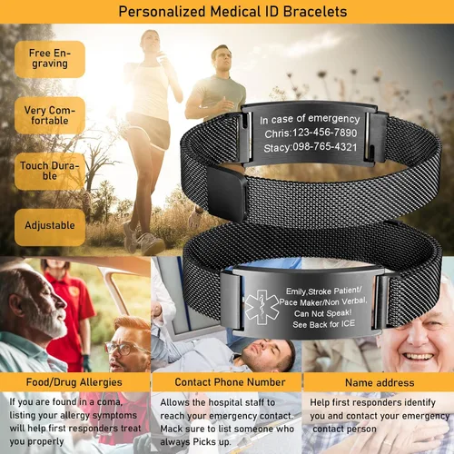 Vista 2 de VNOX Pulsera de identificación de alerta médica para hombres y mujeres, pulseras de alerta médica con grabado personalizado para mujeres y hombres