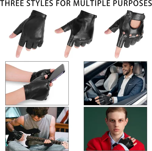 Vista 4 de OurHonor Guantes negros sin dedos para hombres y mujeres, guantes de cuero sintético de Halloween, medio dedo, para conducción, disfraz deportivo