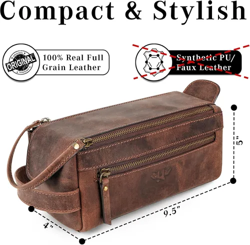 Vista 3 de Neceser de cuero hecho a mano de primera calidad para hombres y mujeres, kit de cuero genuino Dopp y bolsa de afeitar para hombres, bolsa