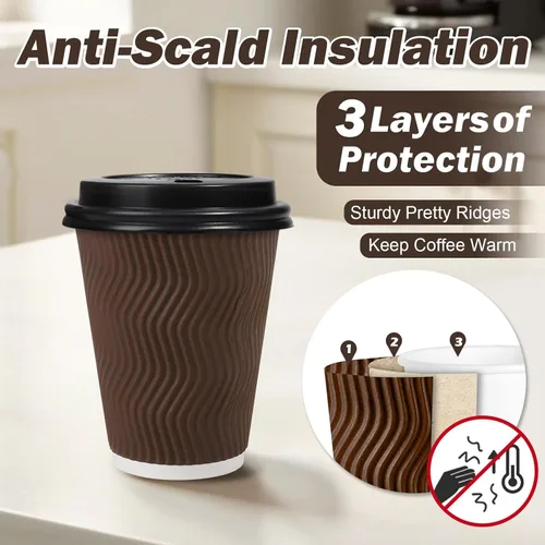 Vista 3 de Tazas de café desechables de 12 onzas con tapas, tazas de papel de café con tapas para llevar, tazas calientes aisladas para bebidas calientes