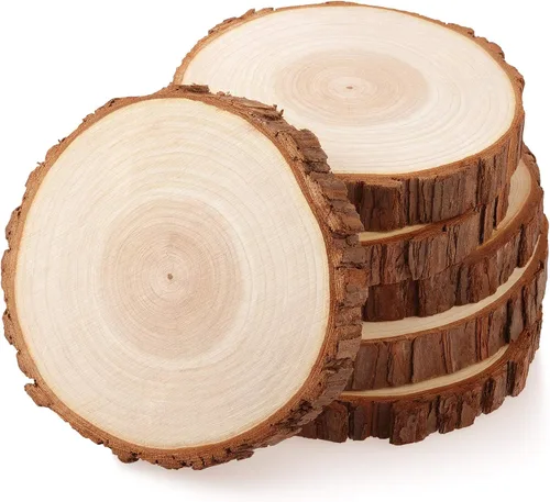 Vista 9 de Fuyit Rebanadas de madera sin terminar para centros de mesa, 10 discos redondos de madera natural de 4.7 a 5.1 pulgadas con corteza