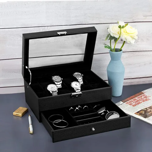 Vista 4 de Oyydecor Caja de reloj con 12 ranuras, organizador de relojes, organizador de joyas con cajón de joyería para almacenamiento y exhibición