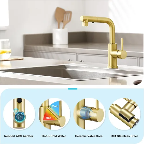 Vista 5 de CREA Grifo de Cocina Dorado con Pulverizador Extraíble - Grifo para Fregadero de Baño y Utilidad - Manija Única, 3 o 1 Agujero