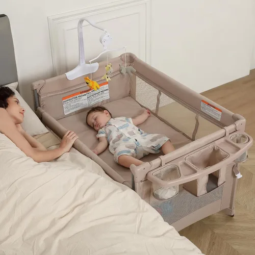Vista 2 de Paquete y juego 5 en 1, moisés de bebé, cuna para bebé, cuna con cambiador, corral de viaje plegable para recién nacidos a niños pequeños (beige)