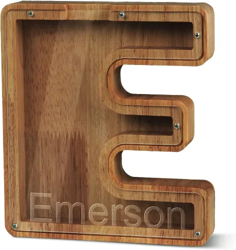 Vista 52 de Alcancía con nombre personalizado, 26 letras láser con texto personalizado, banco de monedas de madera, significado educativo, alcancía con nombre