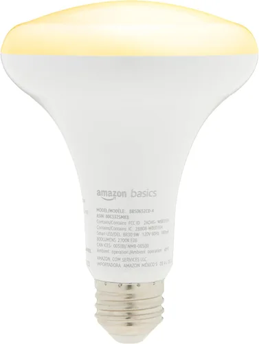 Vista 4 de Bombilla LED inteligente BR30, Amazon Basics, blanco suave regulable (2700K), 9W (equivalente a 60W), 800 lm, funciona solo con Alexa, Wi-Fi de 2,4