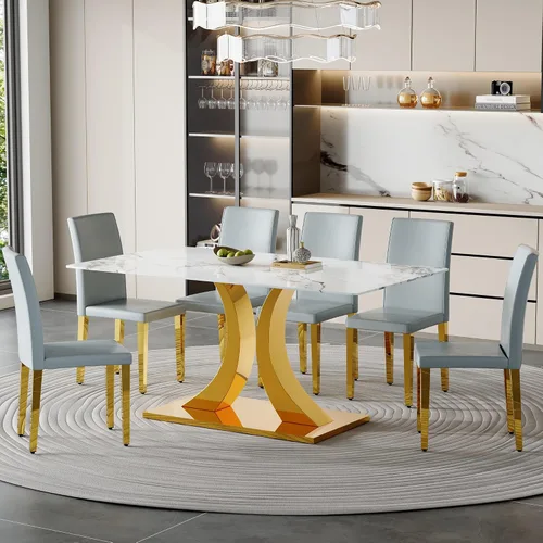 Vista 25 de Juego de mesa de comedor de mármol para 4, moderna mesa de oro blanco de 63 pulgadas con patas de marco de forma intercambiable y sillas de comedor
