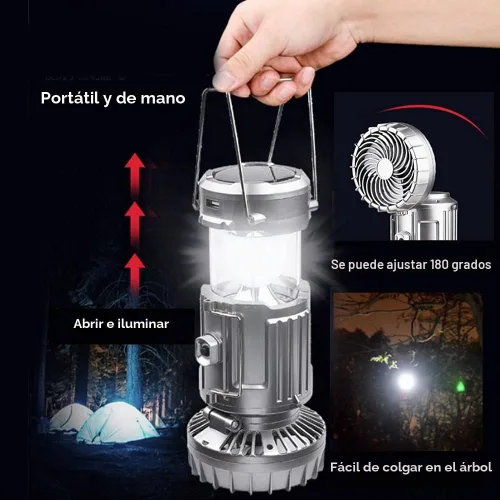 Vista 5 de SupBri Linterna solar para campamento con ventilador, ventiladores de campamento recargables que cargan para teléfono, luz a pilas para huracanes