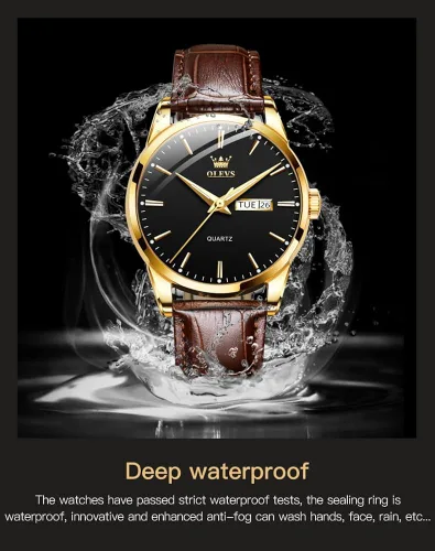 Vista 6 de OLEVS Reloj para hombres cronógrafo marrón cuero oro caso analógico cuarzo moda negocios vestido grande hombres reloj día fecha luminoso impermeable