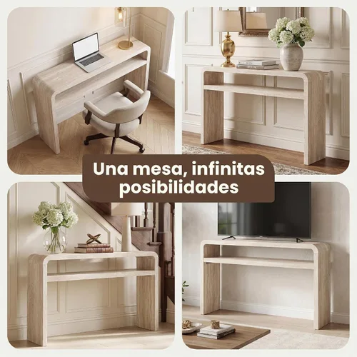 Vista 8 de Hyfirm Mesa consola de madera estilo travertino con estante de Beige