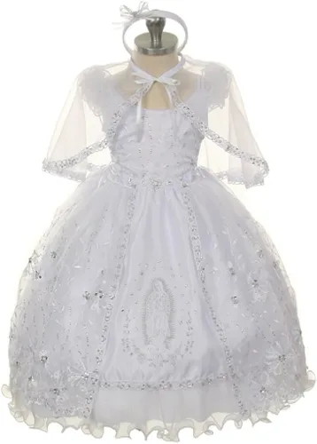 Vista 5 de BluNight Collection Vestido de bautizo de bebé con hombros descubiertos y bordado de Virgen María