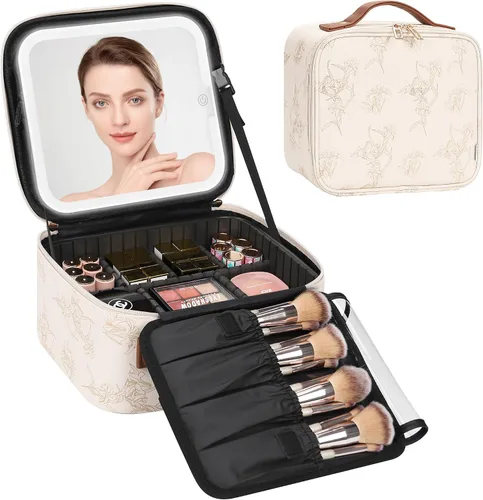 Vista 27 de Relavel Estuche de maquillaje con espejo LED, 01-Negro, Bolsa de maquillaje de viaje con espejo LED para niñas Compact Cosmetic Makeup Organizer