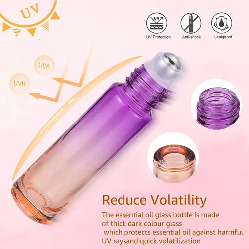 Vista 5 de Paquete de 10 botellas enrollables de aceite esencial de 0.3 fl oz (0.3 fl oz), con bolas enrollables de acero inoxidable y tapa morada, 5 goteros +