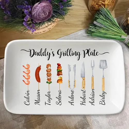 Vista 3 de Plato personalizado para asar para el día del padre, platos personalizados para papá, bandeja rectangular para servir barbacoa con nombres