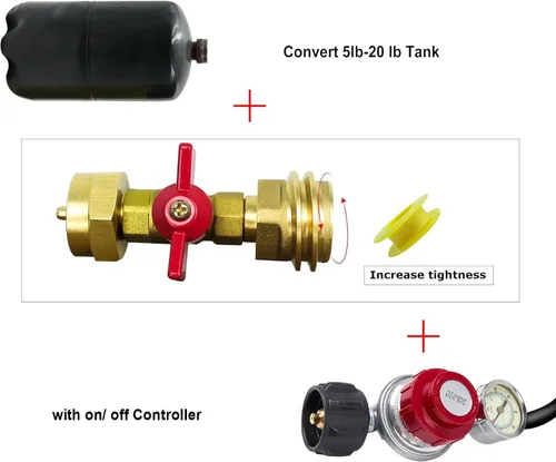 Vista 4 de Adaptador de tanque de propano de 1 libra a 20 libras con válvula, Conver CGA600 a QCC/Tipo 1 conector macho, se adapta a cilindros desechables de 1
