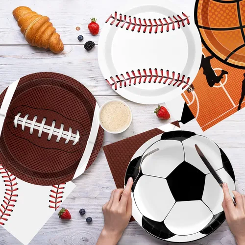 Vista 4 de Decoraciones deportivas para fiestas de cumpleaños, 80 unidades, platos y servilletas para fiestas deportivas, béisbol, fútbol, baloncesto, rugby