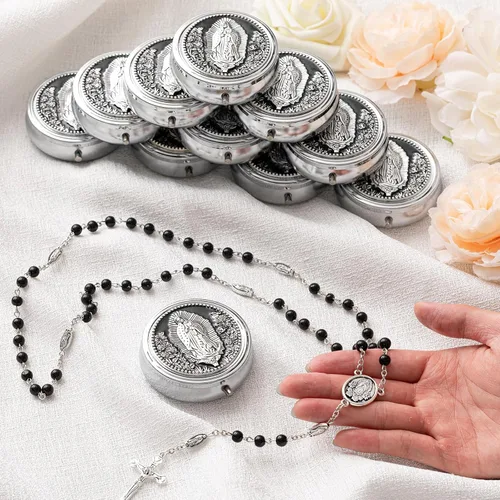 Vista 4 de Jadive Collar de rosario católico de 0.236 in, collar de perlas de cristal con caja de regalo de metal para mujeres y hombres, regalo de oración
