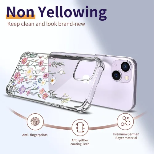 Vista 6 de Funda para iPhone 14, [3 en 1] con protector de pantalla y protector de lente de cámara, diseño de patrón de flores, transparente, suave, a prueba