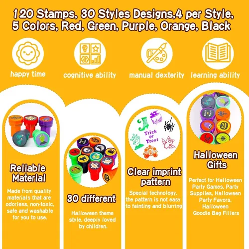 Vista 3 de 120 sellos de Halloween para niños a granel, juguetes autoentintados para fiesta de truco o trato, varios sellos de calabaza, fantasma, araña