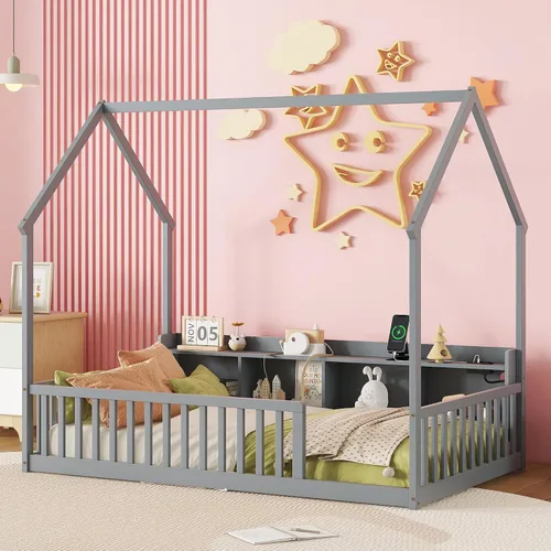 Vista 13 de Bellemave Twin House Floor Bed Frame,Espresso Solid wood montessori bed with storage shelves, built-in LED lights, charging station, no box spring