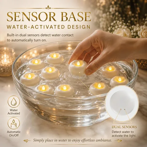 Vista 2 de Paquete de 12 velas LED flotantes sin llama de 5,8 cm, vela flotante activada por agua y operada por batería con más de 180 horas de duración