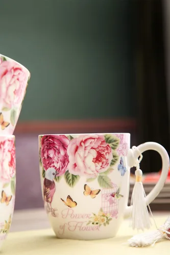Vista 5 de London Boutique Juego de tazas de café de té, 4 porcelana, pájaro, rosa, mariposa, diseño Shabby Chic en caja de regalo, 11 oz
