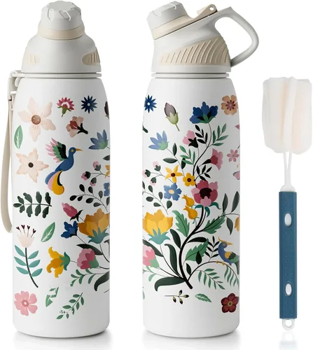 Vista 13 de Fjbottle Botella de agua aislada de acero inoxidable, botellas de agua a prueba de fugas de 32 onzas, vaso reutilizable de hielo, jarra de vacío
