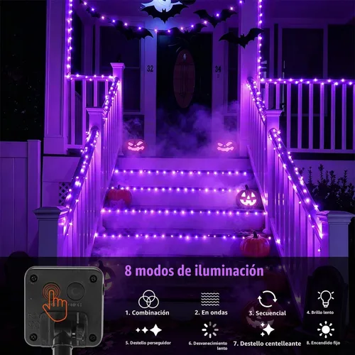 Vista 4 de YEGUO Paquete de 4 luces solares de Halloween de 33 pies, 100 luces LED moradas de Navidad impermeables para exteriores, 8 modos de luces solares