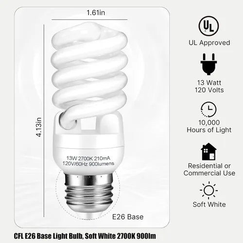 Vista 2 de CFL - Bombillas fluorescentes compactas con base E26, espiral T2 de 13 vatios (equivalente a 60 vatios), color blanco suave, 2700 K, 900 lm