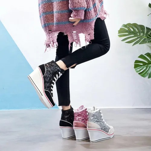 Vista 6 de Zapatos de lona de tacón alto para mujer, zapatos casuales de moda, tenis brillantes para caminar, plataforma, cuñas, zapatos de tacón