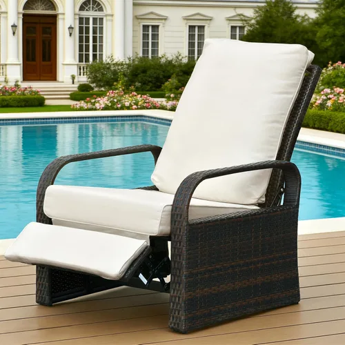 Vista 6 de Silla reclinable de aire libre para patio, resina de mimbre con cojines amortiguadores, auto ajustable, sofá de ratán, UV/Fade/Resistente al Mimbre