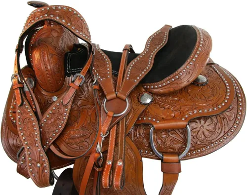 Vista 10 de Western Saddle Barril Racing Caballo Placer Floral Tooled Cuero Trail Tack Cowboy Rodeo Set 15 16 17 18