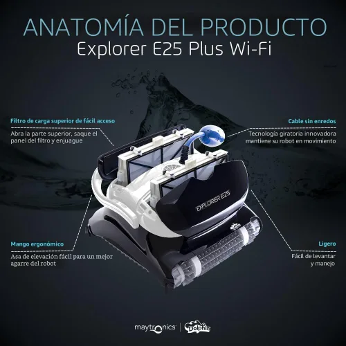 Vista 3 de Dolphin (Modelo 2025) Explorer E25 Robot limpiador de piscinas con Wi-Fi, ideal para piscinas de hasta 15,24 m - Cepillo de limpieza de línea
