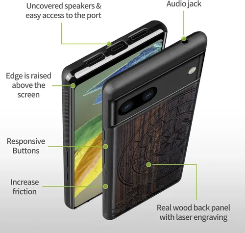 Vista 7 de Carveit Funda de madera para Pixel 8a - Madera natural y negro suave TPU a prueba de golpes - Funda de madera única compatible con Google Pixel 8a