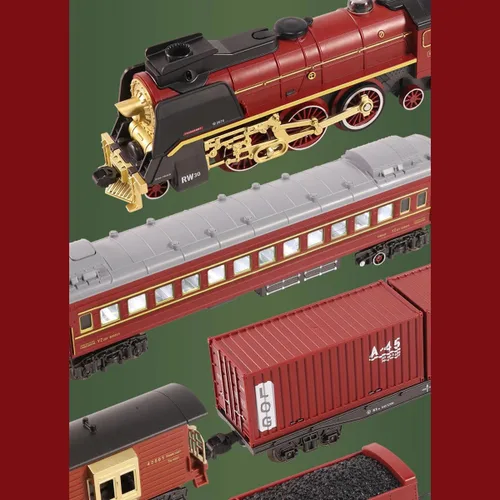 Vista 9 de Juego de tren vintage, tren a control remoto con luz, vapor y humo, modelo de locomotora eléctrica de árbol de Navidad con pista ovalada y carro