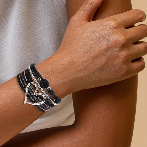 Vista 4 de Long tiantian Pulsera de cuero multicapa con corazón moderno bohemio con cierre magnético y diamantes de imitación para mujer, Cobre, otro